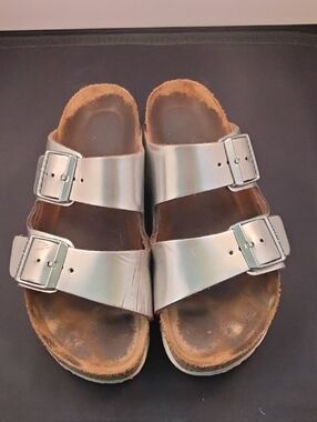 Birkenstock Arizona Metallic Silver Leather Two-Strap Sandals